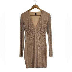 Windsor Sequin V-Neck Long Sleeve Dress - Tan EUC